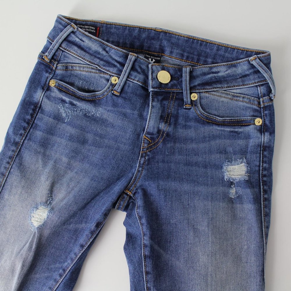 True Religion Halle split hem super skinny distressed jeans blue sz 25 0 - Picture 3 of 14